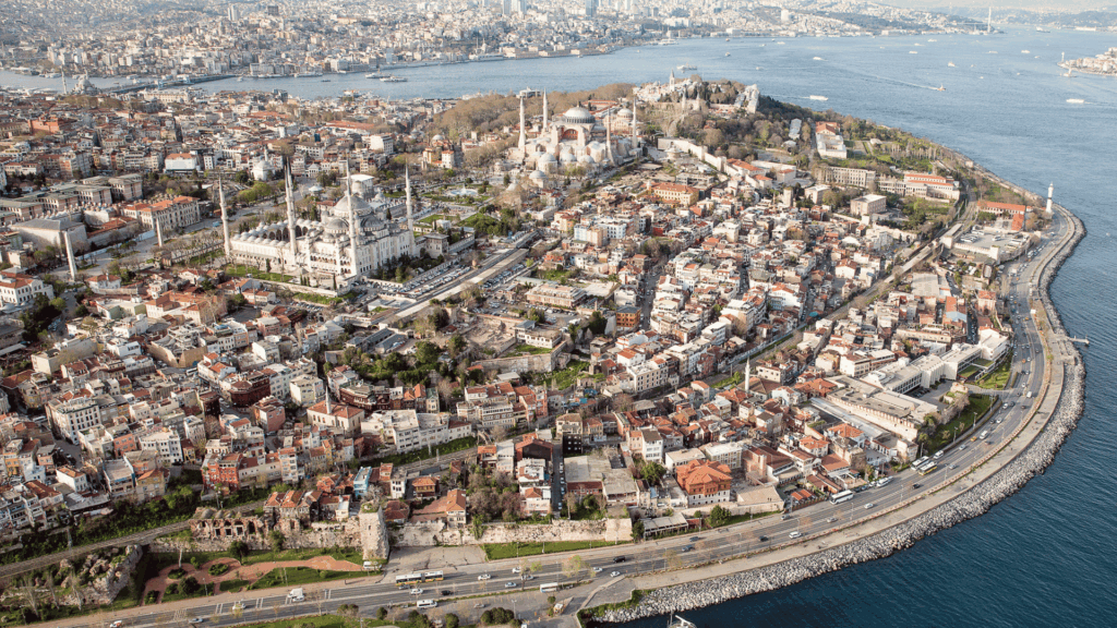 New Central Hotel - aerial view of Istanbul's historic peninsula whose hills the Aqueduct of Valens supplied with water